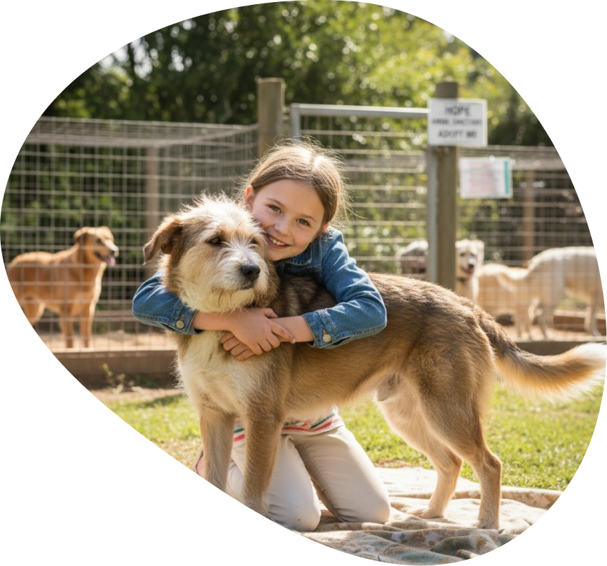 Bambina che abbraccia un cane in rifugio